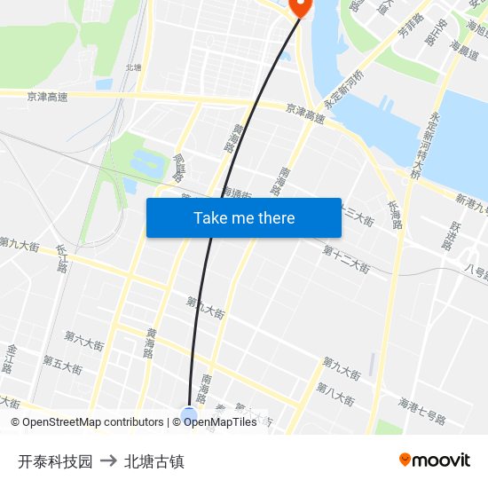 开泰科技园 to 北塘古镇 map