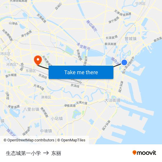 生态城第一小学 to 东丽 map