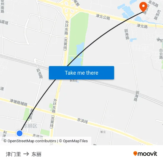 津门里 to 东丽 map