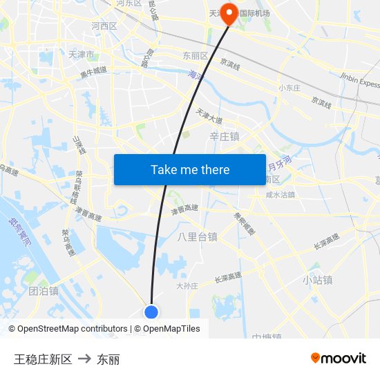 王稳庄新区 to 东丽 map