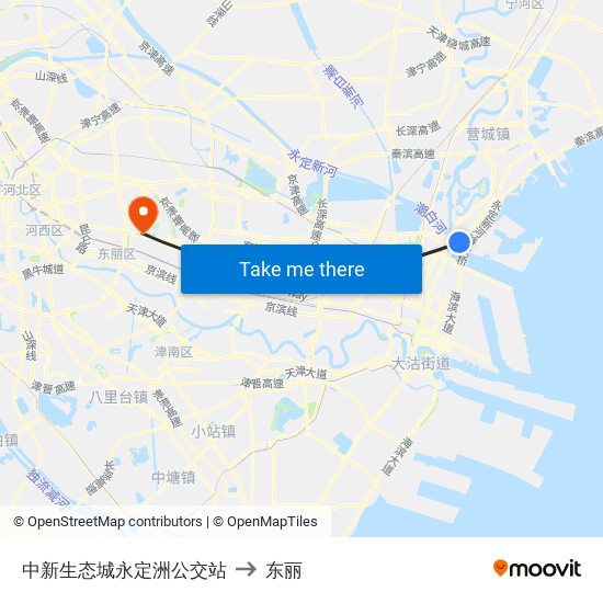 中新生态城永定洲公交站 to 东丽 map