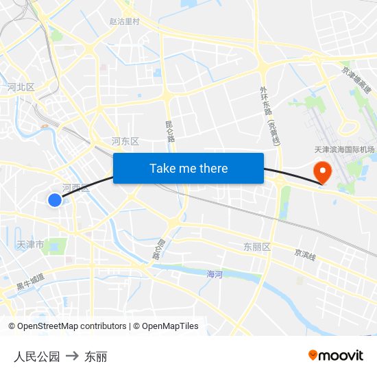 人民公园 to 东丽 map