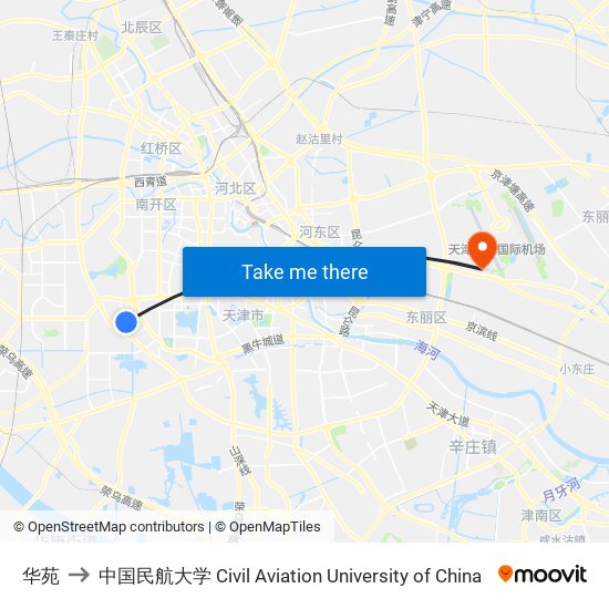 华苑 to 中国民航大学 Civil Aviation University of China map