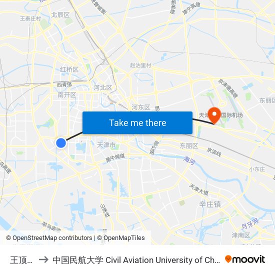 王顶堤 to 中国民航大学 Civil Aviation University of China map