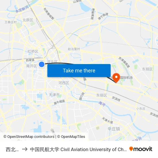 西北角 to 中国民航大学 Civil Aviation University of China map