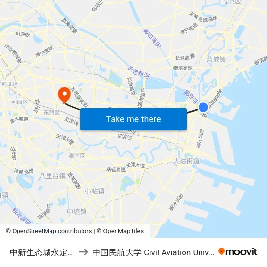 中新生态城永定洲公交站 to 中国民航大学 Civil Aviation University of China map