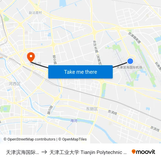 天津滨海国际机场 to 天津工业大学 Tianjin Polytechnic University map