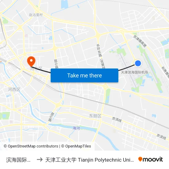 滨海国际机场 to 天津工业大学 Tianjin Polytechnic University map