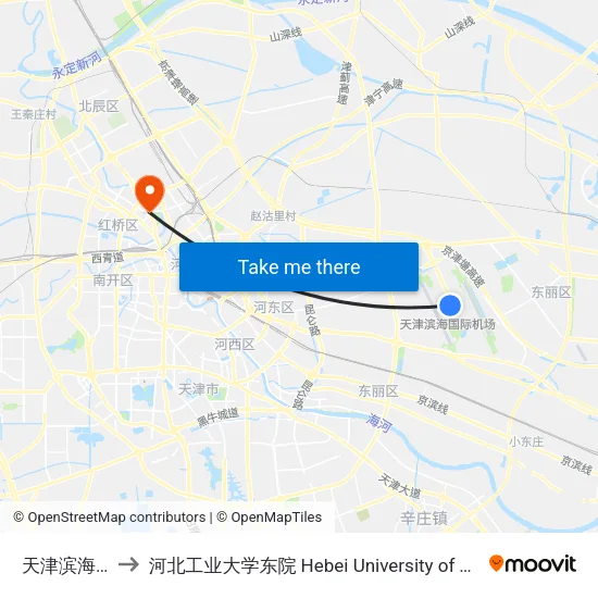 天津滨海国际机场 to 河北工业大学东院 Hebei University of Technology (eastern campus) map