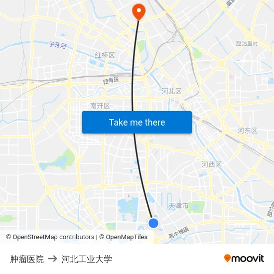 肿瘤医院 to 河北工业大学 map