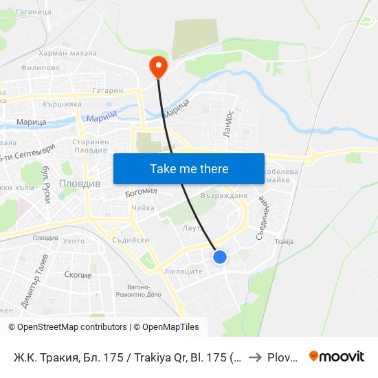 Ж.К. Тракия, Бл. 175 / Trakiya Qr, Bl. 175 (80) to Plovdiv map