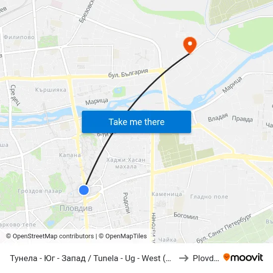 Тунела - Юг - Запад / Tunela - Ug - West (46) to Plovdiv map