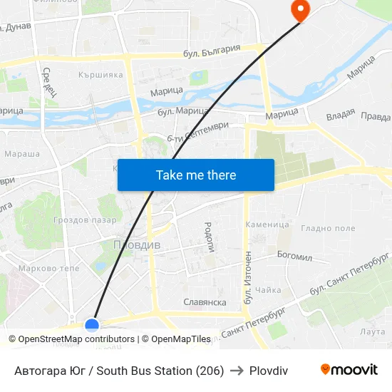Автогара Юг / South Bus Station (206) to Plovdiv map