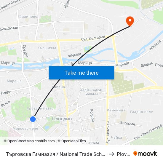 Търговска Гимназия / National Trade School (155) to Plovdiv map