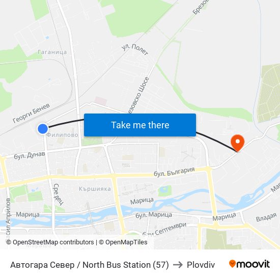 Автогара Север / North Bus Station (57) to Plovdiv map