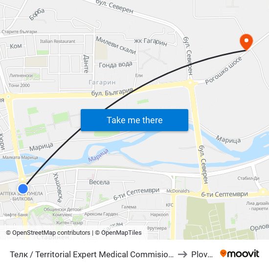 Телк / Territorial Expert Medical Commision (9) to Plovdiv map