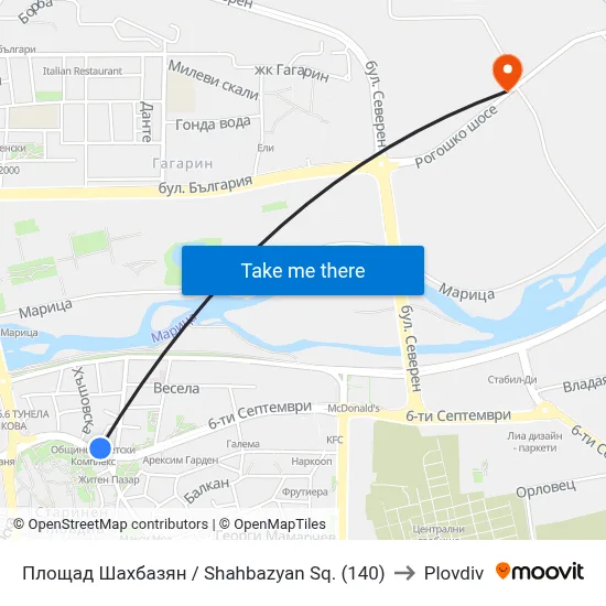 Площад Шахбазян / Shahbazyan Sq. (140) to Plovdiv map