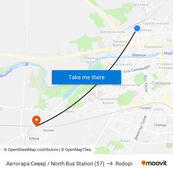 Автогара Север / North Bus Station (57) to Rodopi map