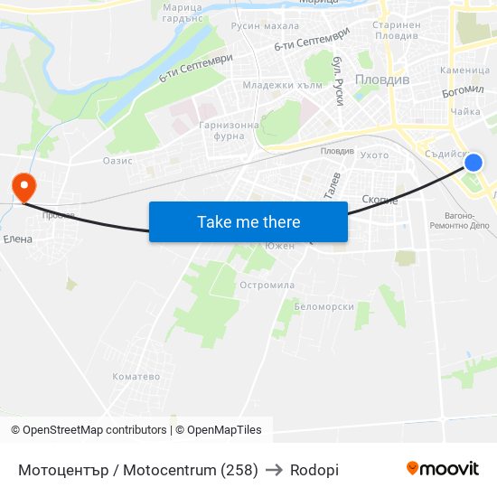 Мотоцентър / Motocentrum (258) to Rodopi map