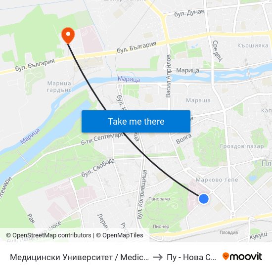 Медицински Университет / Medical University to Пу - Нова Сграда map