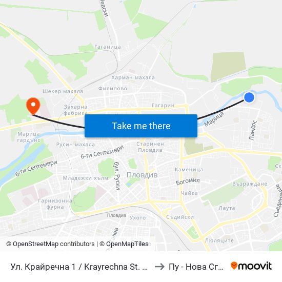 Ул. Крайречна 1 / Krayrechna St. 1 (4009) to Пу - Нова Сграда map