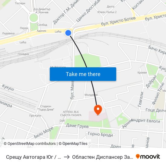 Срещу Автогара Юг / Opposite South Bus Station (206) to Областен Диспансер За Кожно-Венерически Заболявания map