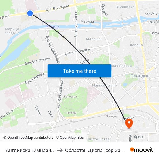 Английска Гимназия / English High School (95) to Областен Диспансер За Кожно-Венерически Заболявания map