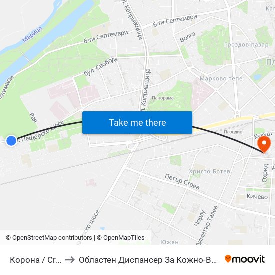 Корона / Crown (149) to Областен Диспансер За Кожно-Венерически Заболявания map