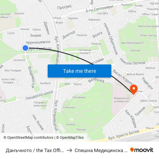 Данъчното / the Tax Office (268) to Спешна Медицинска Помощ map