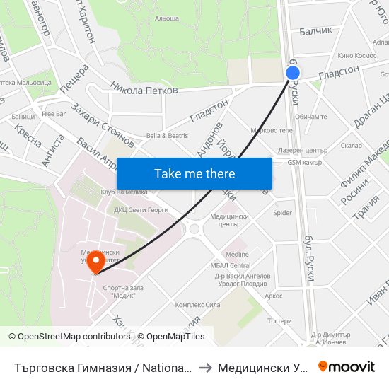 Търговска Гимназия / National Trade School (155) to Медицински Университет map