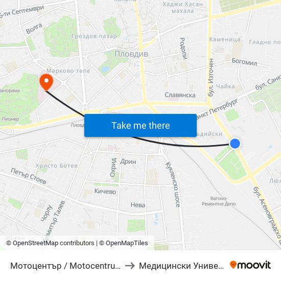 Мотоцентър / Motocentrum (258) to Медицински Университет map