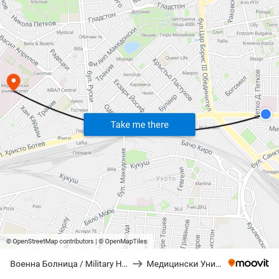 Военна Болница / Military Hospital (335) to Медицински Университет map