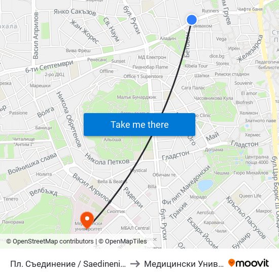 Пл. Съединение / Saedinenie Sq. (141) to Медицински Университет map