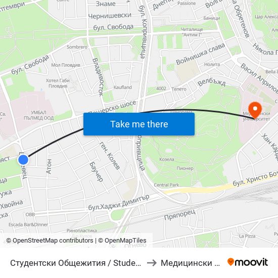 Студентски Общежития / Student Accommodation (389) to Медицински Университет map