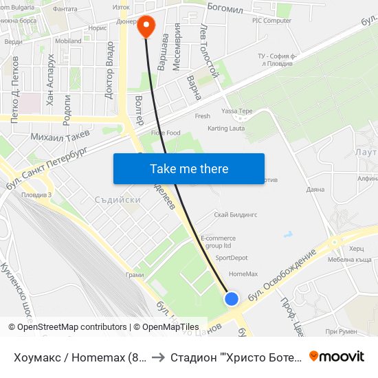 Хоумакс / Homemax (84) to Стадион ""Христо Ботев"" map