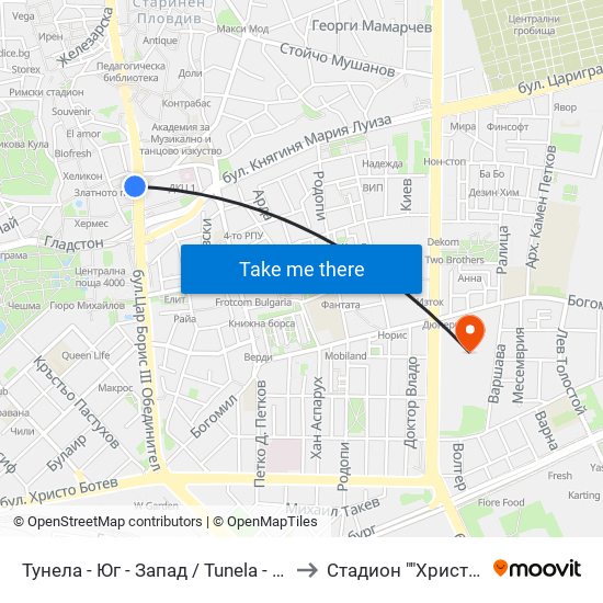 Тунела - Юг - Запад / Tunela - Ug - West (46) to Стадион ""Христо Ботев"" map