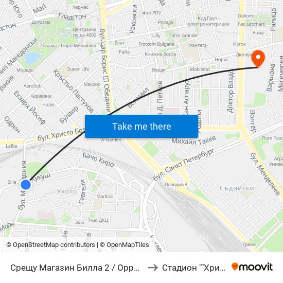 Срещу Магазин Билла 2 / Opposite Billa Store 2 (42) to Стадион ""Христо Ботев"" map