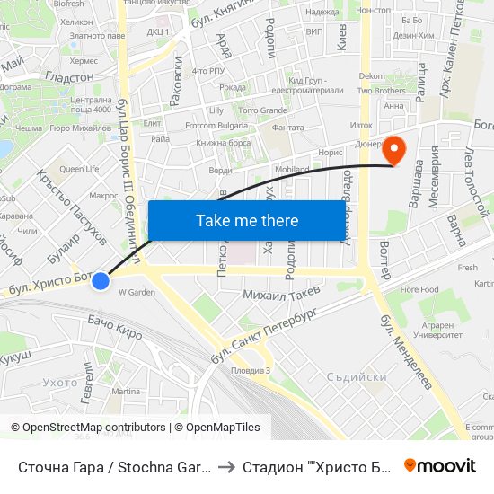 Сточна Гара / Stochna Gara (43) to Стадион ""Христо Ботев"" map