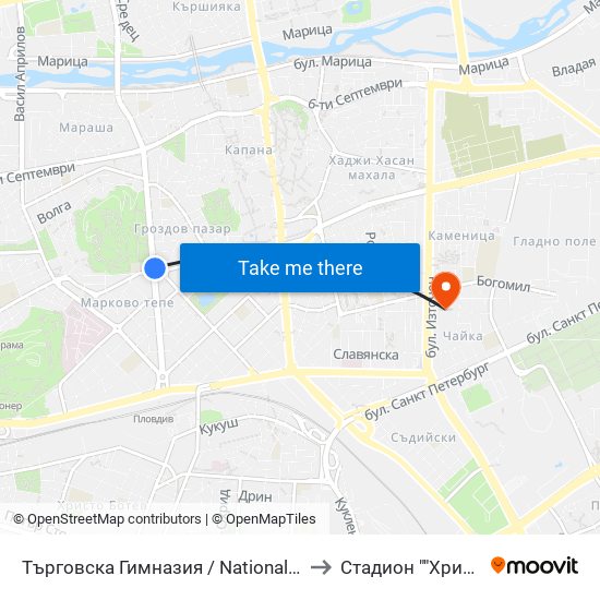 Търговска Гимназия / National Trade School (155) to Стадион ""Христо Ботев"" map