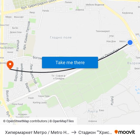 Хипермаркет Метро / Metro Hypermarket (217) to Стадион ""Христо Ботев"" map