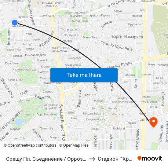 Срещу Пл. Съединение / Opposite Saedinenie Sq. (118) to Стадион ""Христо Ботев"" map