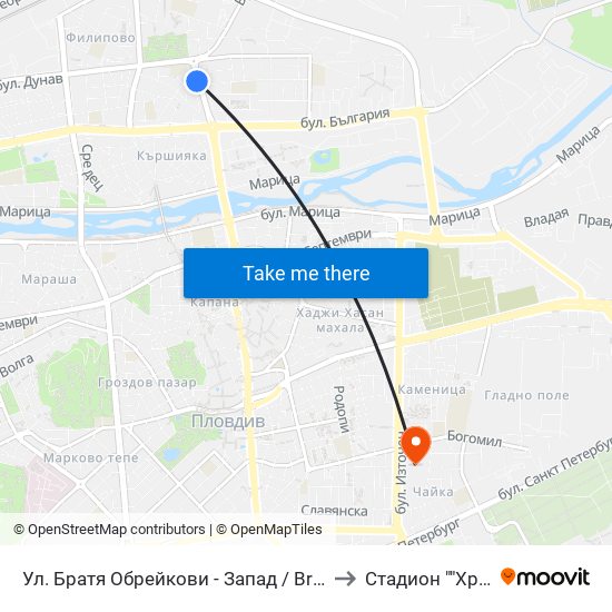Ул. Братя Обрейкови - Запад / Bratya Obreykovi St. - West (7) to Стадион ""Христо Ботев"" map