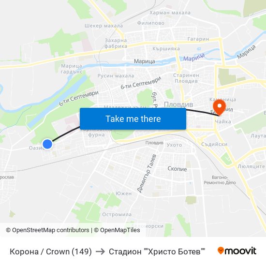 Корона / Crown (149) to Стадион ""Христо Ботев"" map