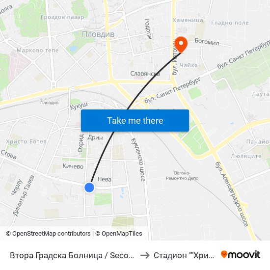 Втора Градска Болница / Second City Hospital (61) to Стадион ""Христо Ботев"" map