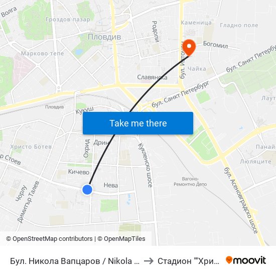 Бул. Никола Вапцаров / Nikola Vaptsarov Blvd. (68) to Стадион ""Христо Ботев"" map