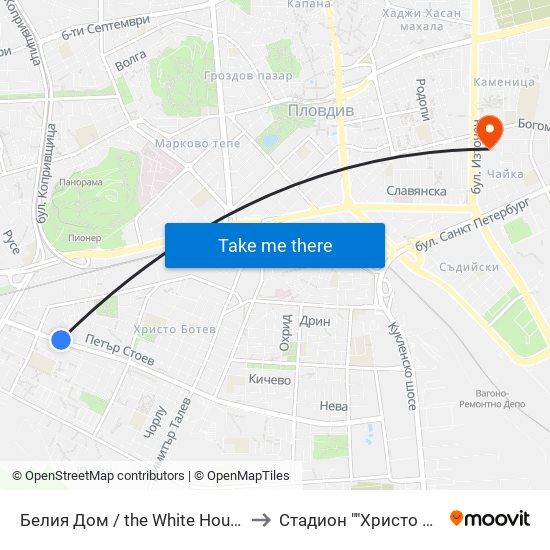 Белия Дом / the White House (201) to Стадион ""Христо Ботев"" map