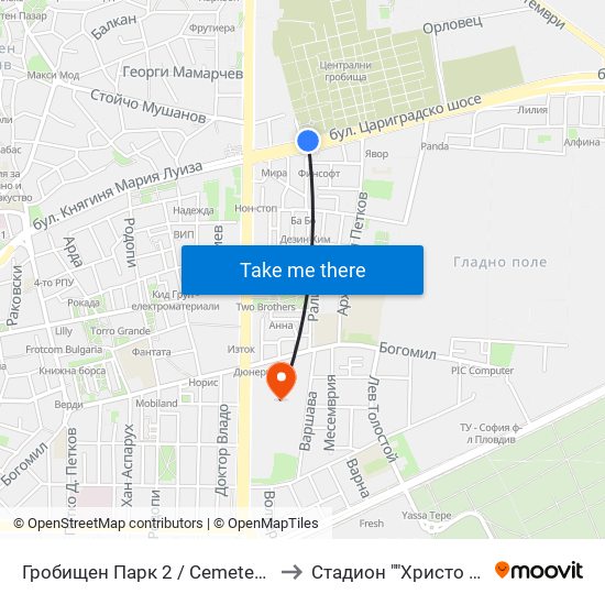 Гробищен Парк 2 / Cemetery 2 (136) to Стадион ""Христо Ботев"" map
