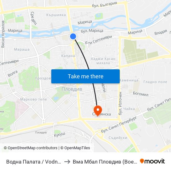 Водна Палата / Vodna Palata (48) to Вма Мбал Пловдив (Военна Болница) map
