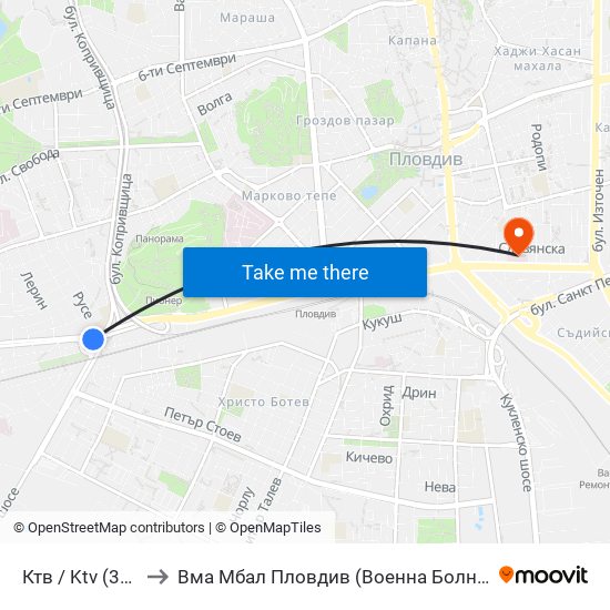 Ктв / Ktv (308) to Вма Мбал Пловдив (Военна Болница) map