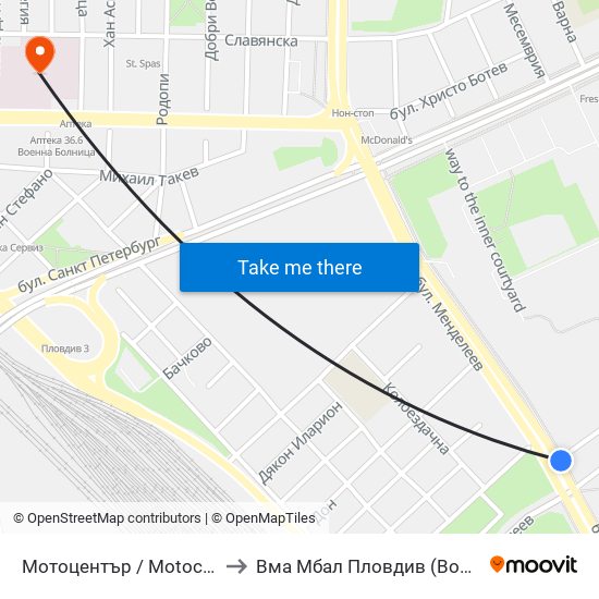 Мотоцентър / Motocentrum (258) to Вма Мбал Пловдив (Военна Болница) map